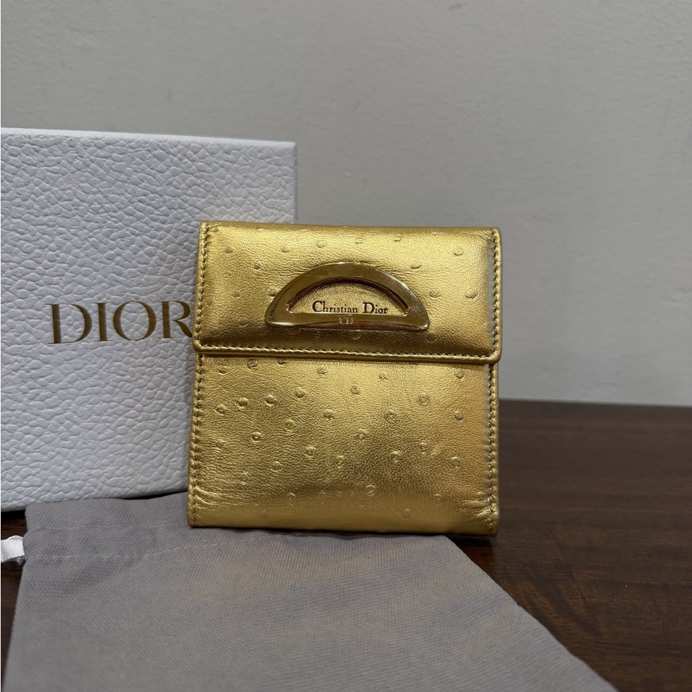 💛EUC💛 Christian Dior Compact Wallet - Gold Vintage Ostrich Embossed - Picture 11 of 11